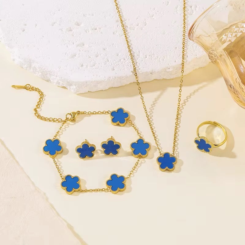 4 PCS 18K Stainless Steel Five Leaf Flower Clover Necklace Bracelet Earring Ring Set