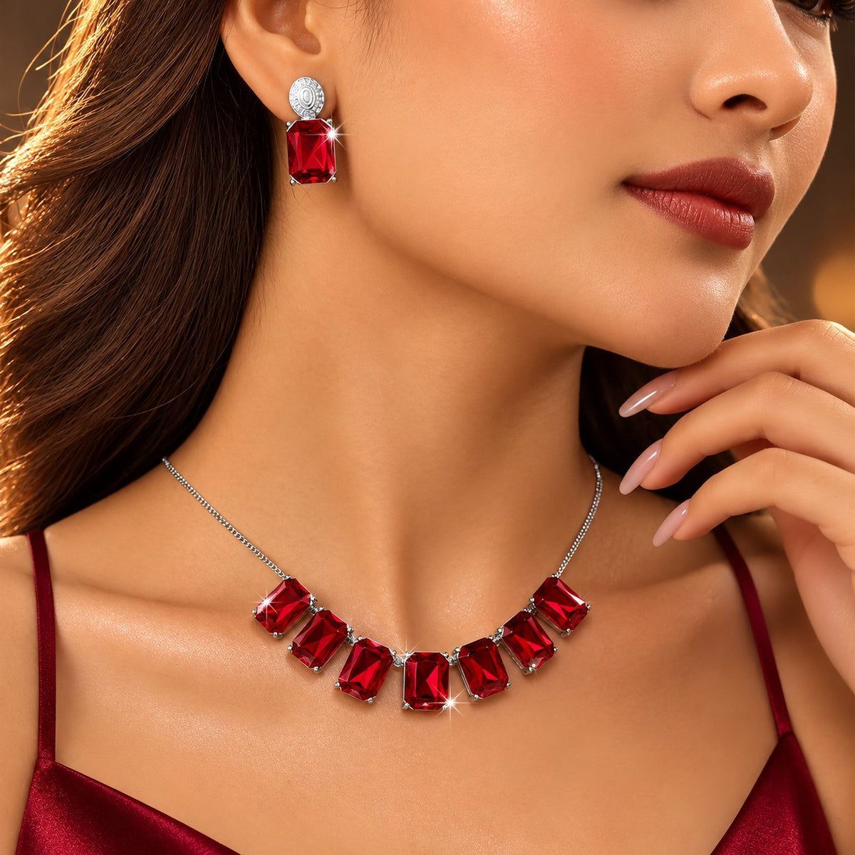Rectangular Geometric Colored Glass Zircon Earrings Necklace Set