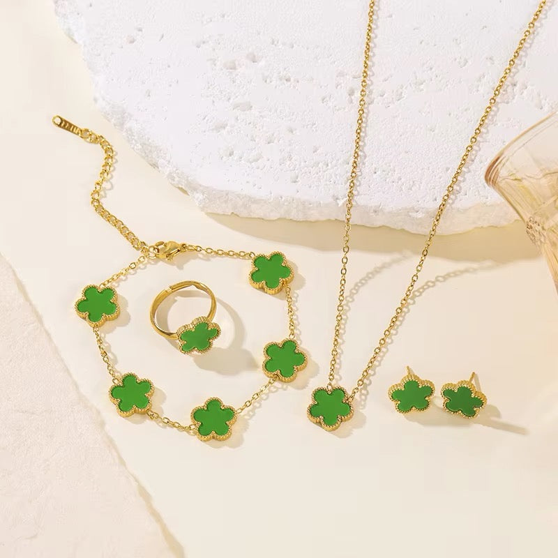 4 PCS 18K Stainless Steel Five Leaf Flower Clover Necklace Bracelet Earring Ring Set