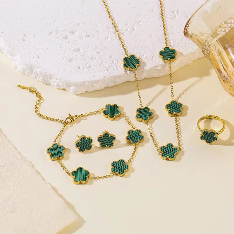 4 PCS 18K Stainless Steel Five Leaf Flower Clover Necklace Bracelet Earring Ring Set