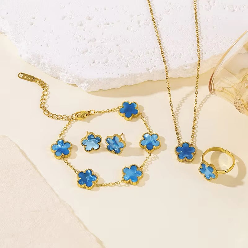 4 PCS 18K Stainless Steel Five Leaf Flower Clover Necklace Bracelet Earring Ring Set