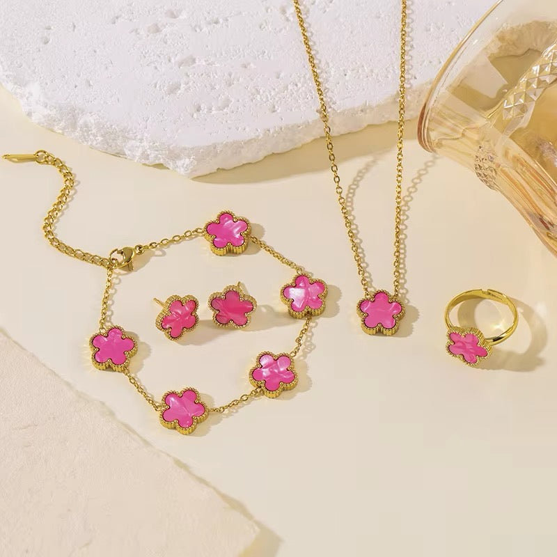 4 PCS 18K Stainless Steel Five Leaf Flower Clover Necklace Bracelet Earring Ring Set