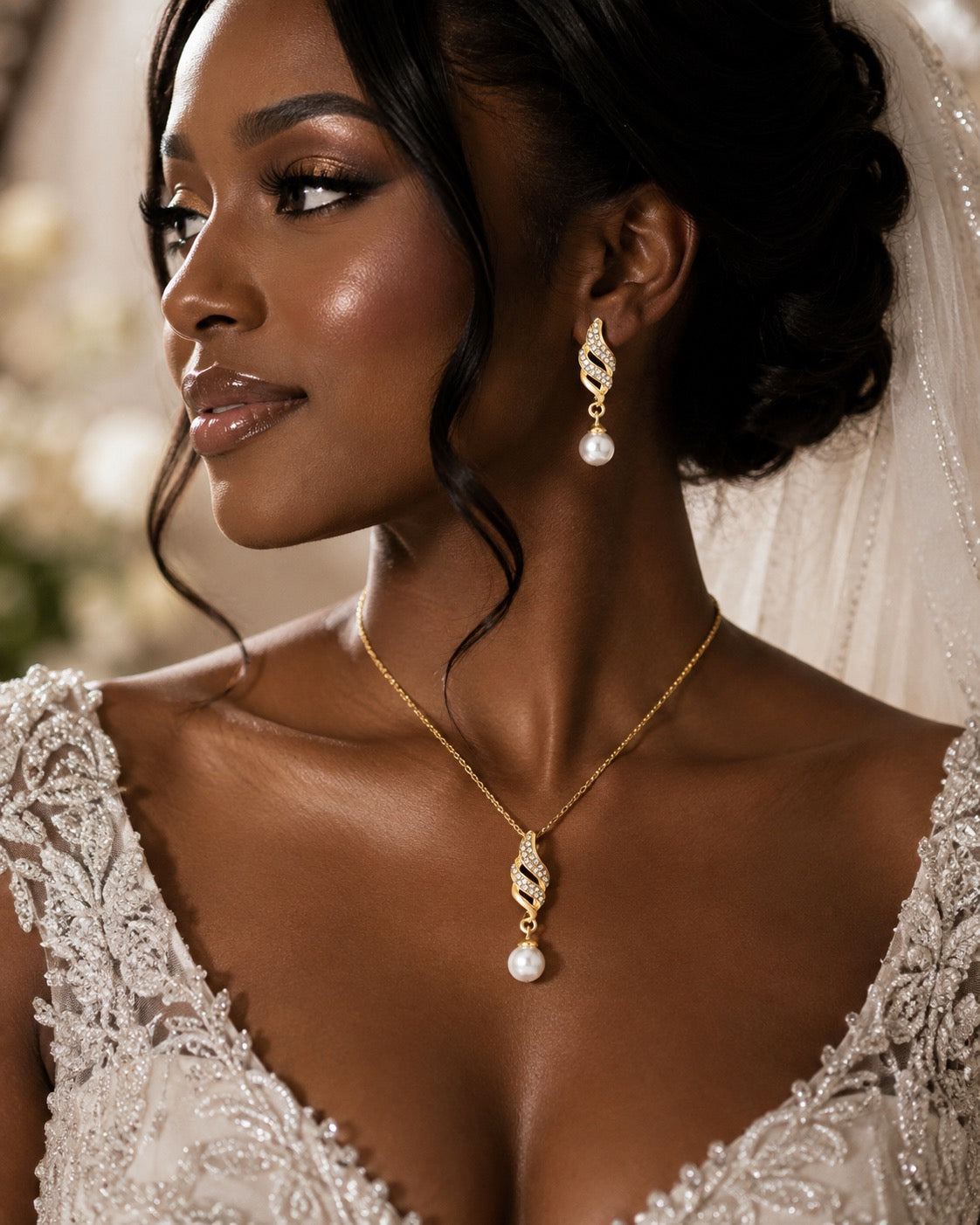 Bridal Pearl Necklace Earring Set