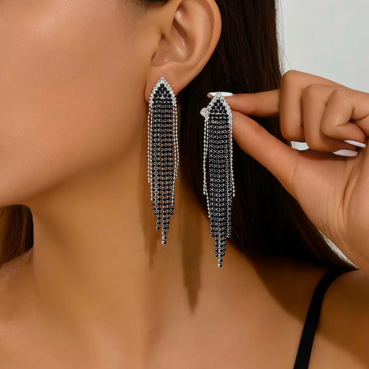 Fashionable Long Tassel Earrings with Colourful Rhinestones