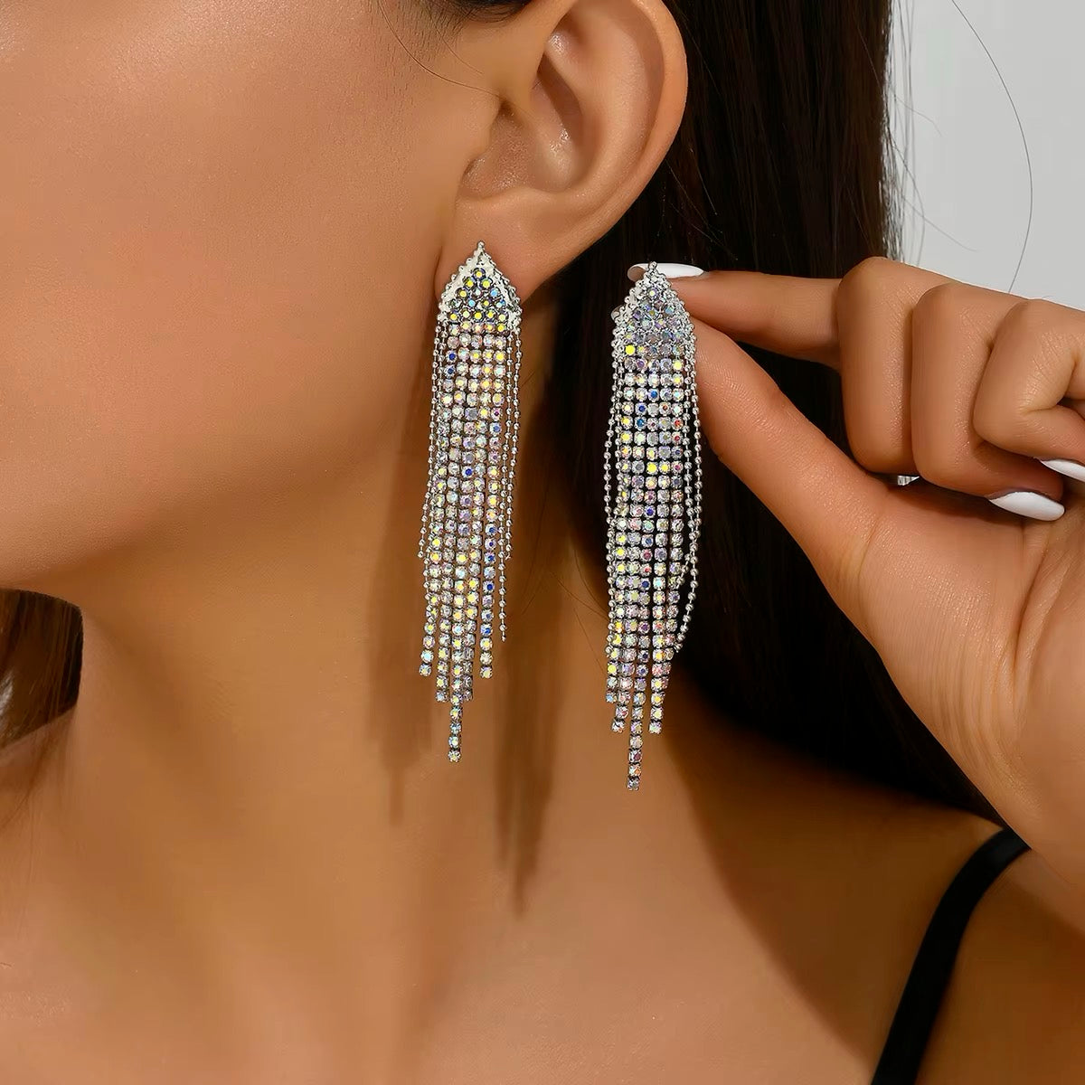 Fashionable Long Tassel Earrings with Colourful Rhinestones