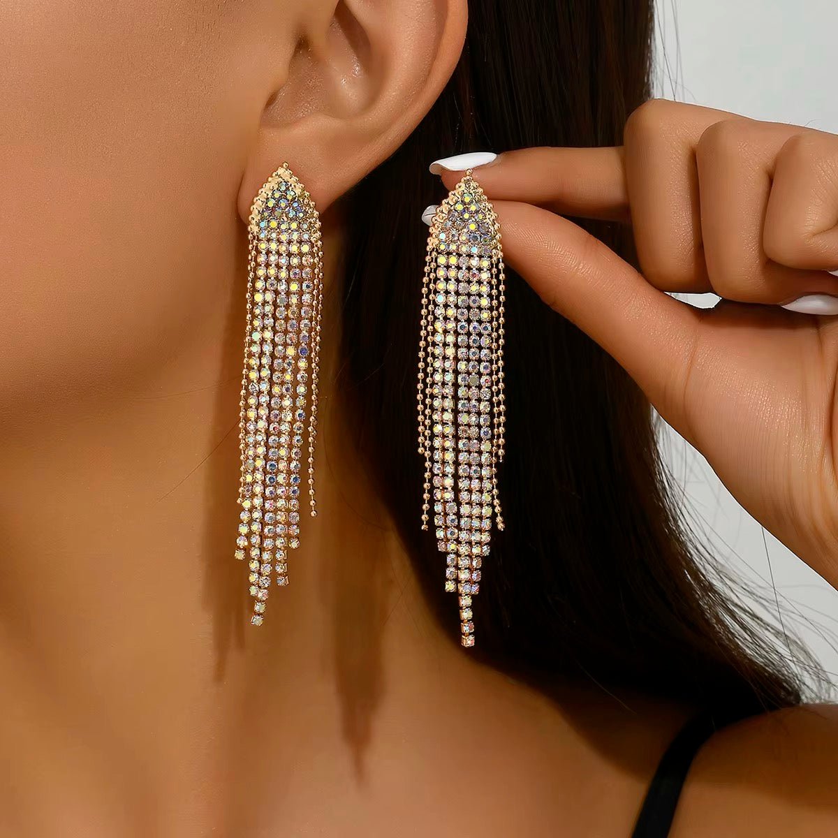 Fashionable Long Tassel Earrings with Colourful Rhinestones