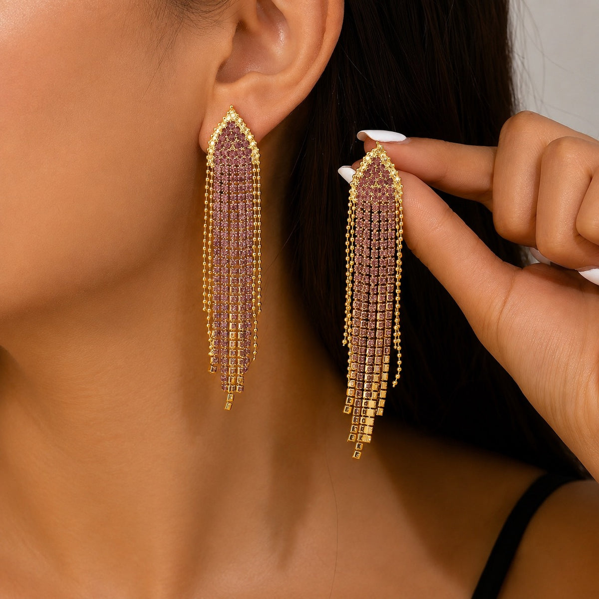 Fashionable Long Tassel Earrings with Colourful Rhinestones