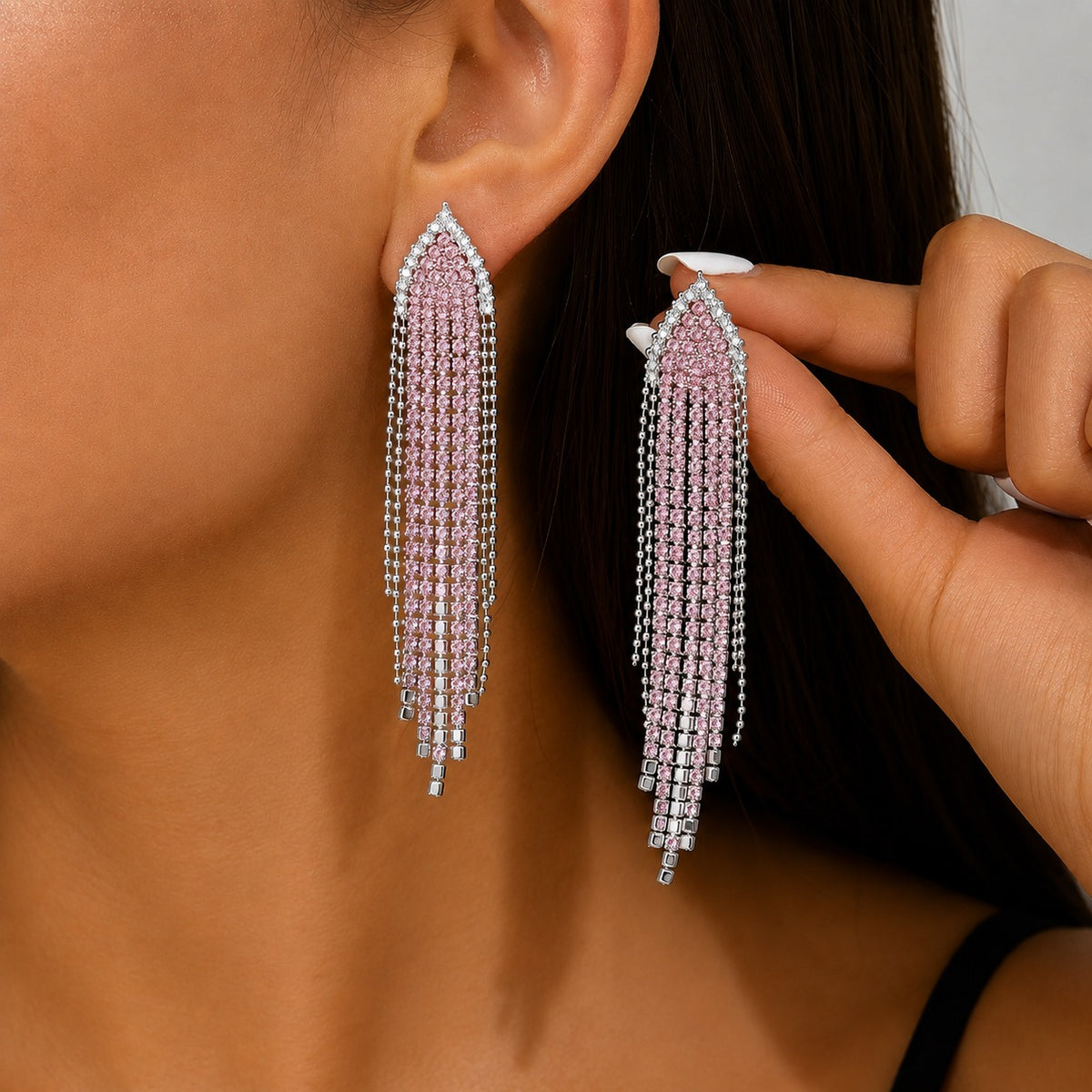 Fashionable Long Tassel Earrings with Colourful Rhinestones