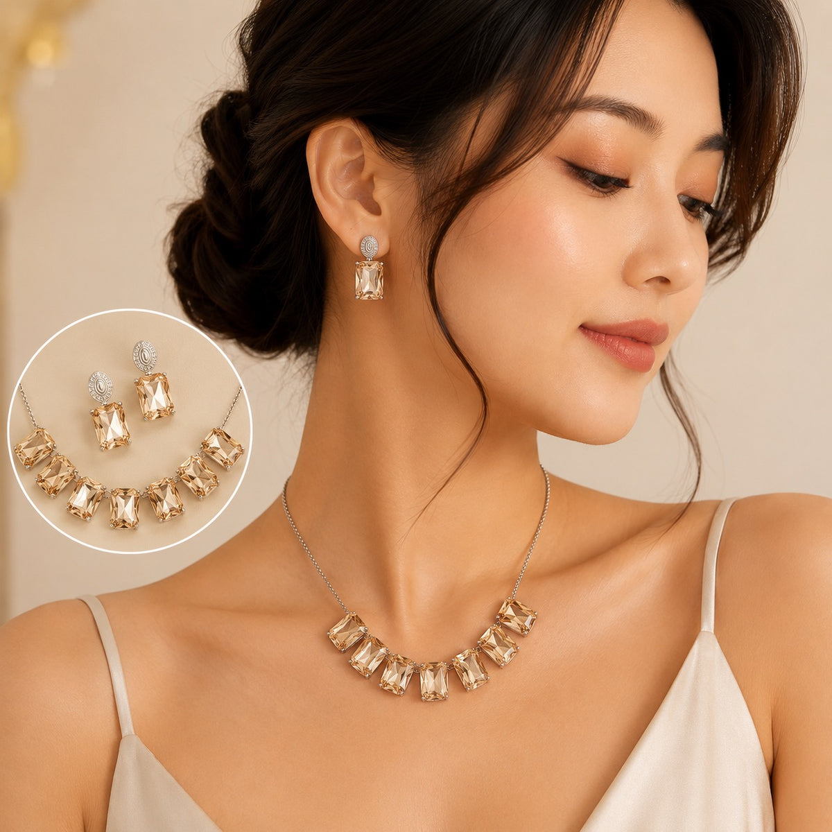 Rectangular Geometric Colored Glass Zircon Earrings Necklace Set