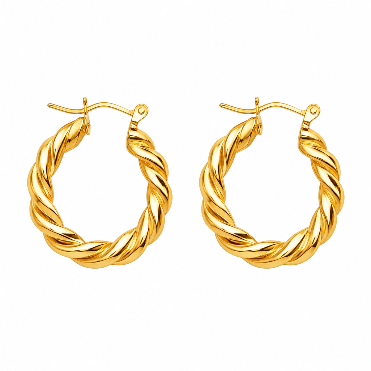 A pair of gold hoop earrings with a twisted rope design, shown on a plain white background.