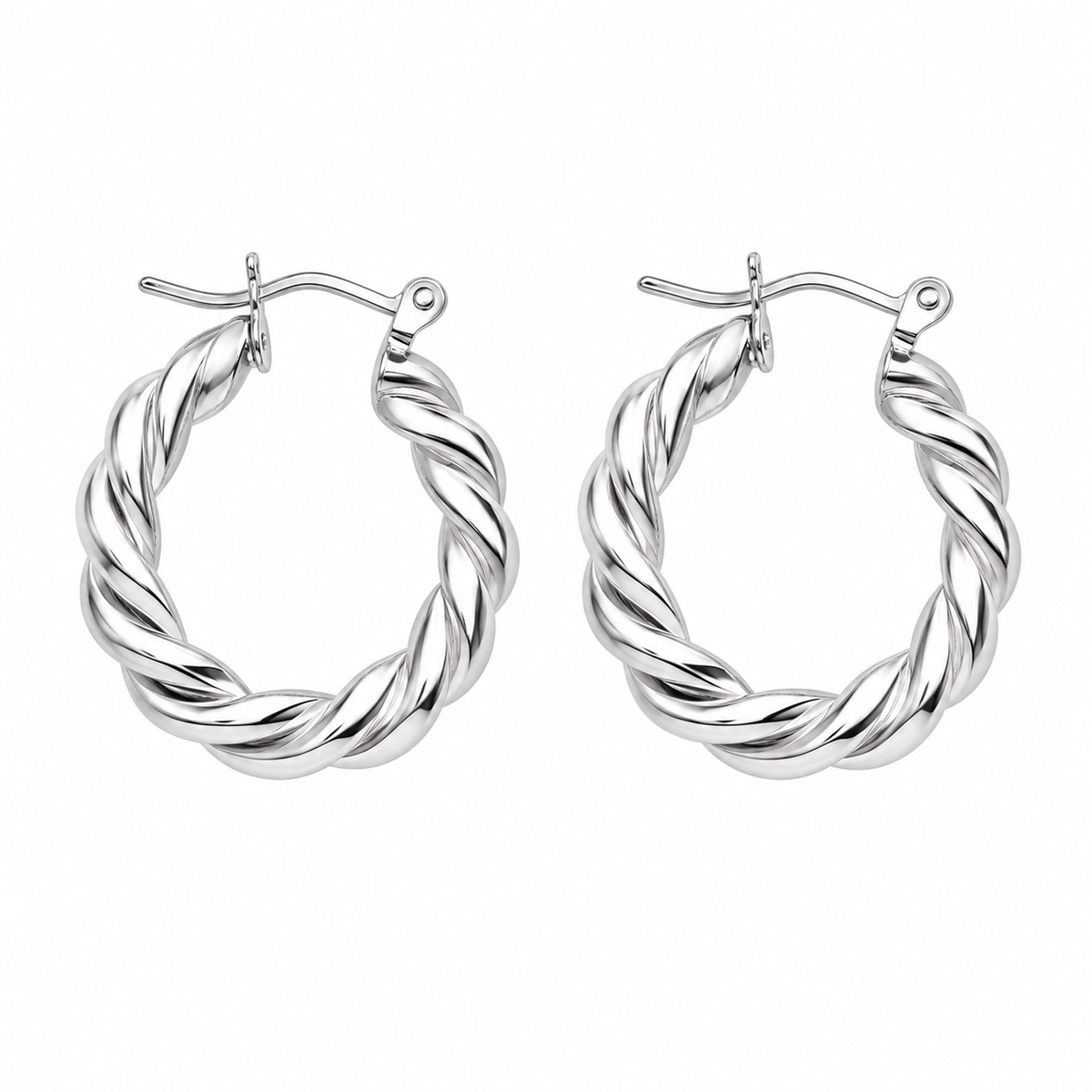 A pair of silver-toned twisted hoop earrings with post-back closures, shown on a plain white background.